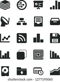 Solid Black Vector Icon Set - floppy disk vector, rss feed, bar chart, graph, negative histogram, positive, archive, upload folder, pile, flowchart, drawer, copy, processor, satellite dish, agenda