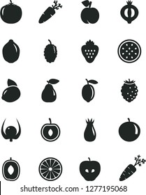 Solid Black Vector Icon Set - carrot vector, strawberry, peach, pear, tasty apple, rose hip, half of medlar, raspberry, mulberry, delicious plum, tangerine, cherry, lemon, yellow, lime, orange