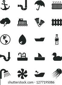 Solid Black Vector Icon Set - rubber duck vector, children's bathroom, bath, shower, siphon, sewerage, new radiator, drop, anchor, umbrella, storm cloud, bottle of soda, marine propeller, aluminum
