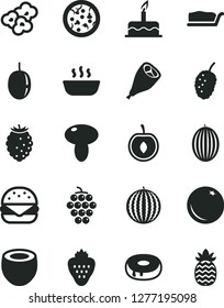 Solid Black Vector Icon Set - cake vector, pizza, big burger, mushroom, slice, with a hole, hot porridge, grill chicken leg, popcorn, strawberry, orange, large grape, tasty raspberry, mulberry