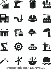 Solid Black Vector Icon Set - tower crane vector, cordless drill, sewerage, buildings, construction helmet, star gear, commercial seaport, coal mining, wind energy, manufacture, battery, pipes