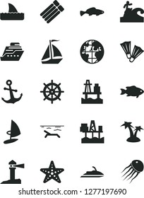 Solid Black Vector Icon Set - anchor vector, small fish, sea port, commercial seaport, coastal lighthouse, planet, sail boat, beach, palm tree, starfish, flippers, surfing, handwheel, jet ski