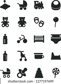 Solid Black Vector Icon Set - baby cot vector, dummy, feeding bottle, measuring for, diaper, bib, stroller, carriage, sitting, stacking rings, children's potty, chair, teddy bear, small, train, yule