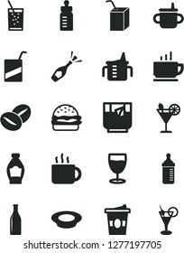 Solid Black Vector Icon Set - mug for feeding vector, measuring cup, bottle, e, packing of juice with a straw, coffee, burger, plate milk, beans, tea, coffe to go, glass soda, cocktail, champagne