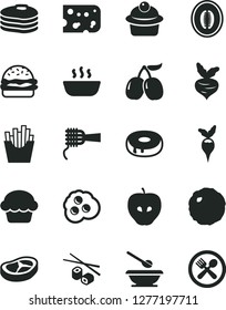 Solid Black Vector Icon Set - plates and spoons vector, piece of cheese, burger, noodles, cake, muffin, with a hole, hot porridge, bacon, cabbage, French fries, Chinese chopsticks, omelette, cornels