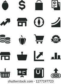 Solid Black Vector Icon Set - paper bag vector, grocery basket, growth up, chart, cart, with handles, tamarillo, ripe pepper, kiosk, stall, shopping, goal woman, coins, denomination of the dollar