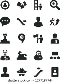 Solid Black Vector Icon Set - zoom vector, woman, hat with glasses, speech, man in sight, scheme, handclasp, scientist, winner podium, arrow up, medal, hold flag, ladder, dollar pin, escalator