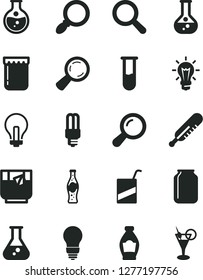 Solid Black Vector Icon Set - incandescent lamp vector, magnifier, mercury thermometer, e, bulb, a glass of tea, bottle soda, jam, round flask, light, jar, test tube, zoom, cocktail