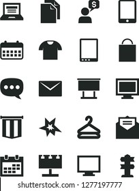 Solid Black Vector Icon Set - laptop vector, monitor, window, calendar, paper bag, clean, envelope, received letter, T shirt, hanger, billboard with illumination, speech, tablet pc, bang, signpost