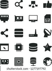 Solid Black Vector Icon Set - star vector, thumb up, screen, big data, server, processor, satellite dish, SIM, connection, connections, hierarchical scheme, cpu, pc card, router, browser, earth