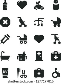 Solid Black Vector Icon Set - heart symbol vector, mark of injury, first aid kit, toys over the cradle, measuring cup for feeding, bottle, powder, baby stroller, carriage, summer, sitting, bath