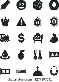 Solid Black Vector Icon Set - warning vector, plastic fork spoons, children's train, concrete mixer, building level, peper, squash, quince, half peach, melon, loquat, yellow lemon, drop of oil, eyes