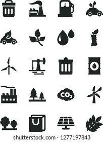 Solid Black Vector Icon Set - dust bin vector, bag with handles, apple stub, solar panel, working oil derrick, leaves, gas station, windmill, wind energy, factory, trees, forest, industrial building