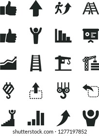 Solid Black Vector Icon Set - upward direction vector, positive histogram, crane, tower, hook, winch, stepladder, ladder, thumb up, move, left, bar chart, financial report, finger, man arrow, graph