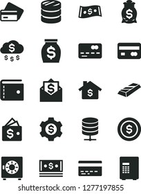 Solid Black Vector Icon Set - bank card vector, purse, big data server, strongbox, reverse side of a, front the, column coins, money, cash, dollar, gold bar, rain, coin, mortgage, bag, gear, wallet