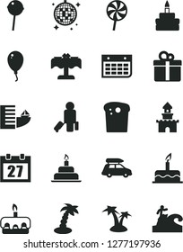 Solid Black Vector Icon Set - daily calendar vector, balloon, cake, birthday, gift, Easter, torte, Chupa Chups, lollipop, wall, sand castle, car baggage, passenger, hotel, palm tree, disco ball