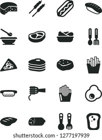 Solid Black Vector Icon Set - plates and spoons vector, plastic fork, iron, sausage, cheese, piece of pizza, Hot Dog, mini, noodles, lettuce in a plate, bacon, chop, barbecue, meat, French fries