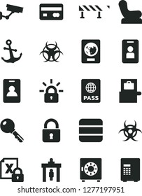 Solid Black Vector Icon Set - Baby chair vector, road fence, lock, key, anchor, passport, strongbox, reverse side of a bank card, encrypting, big data, biohazard, identity, security gate, access