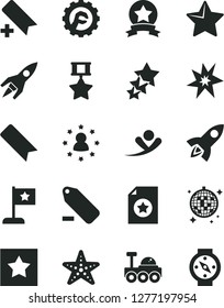 Solid Black Vector Icon Set - add bookmark vector, remove label, star gear, rocket, lunar rover, bang, flag, hero medal, ribbon, certificate, stars around man, three, flying, disco ball, starfish