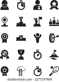 Solid Black Vector Icon Set - stopwatch vector, pedestal, racer, winner, podium, award, cup, man with medal, flag, motivation, purpose, pennant, star, ribbon, cloud ladder, tennis