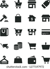 Solid Black Vector Icon Set - paper bag vector, bank card, hammer of a judge, motor vehicle present, building trolley, put in cart, crossed, with handles, kiosk, coins, hanger, label, wallet, hand