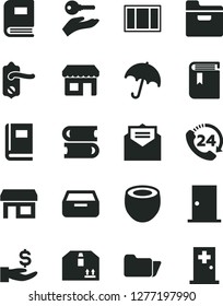 Solid Black Vector Icon Set - book vector, books, window frame, door knob, ntrance, received letter, umbrella, folder, drawer, cardboard box, 24, half of coconut, kiosk, stall, get a wage