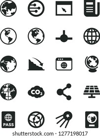 Solid Black Vector Icon Set - earth vector, passport, solar panel, planet, carbon dyoxide, connection, recession, newspaper, network, browser, connect, globe, first satellite
