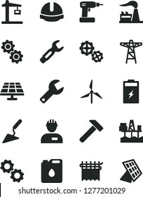 Solid Black Vector Icon Set - repair key vector, workman, gears, building trowel, cordless drill, construction helmet, hammer, commercial seaport, charging battery, solar panel, windmill, factory