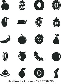 Solid Black Vector Icon Set - cake slice vector, strawberries, pear, peach, quince, plum, strawberry, of melon, mango, half, tangerine, loquat, tasty, sweet date fruit, banana, pineapple, water