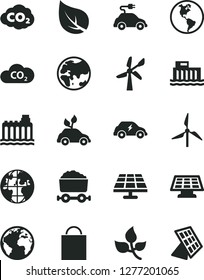 Solid Black Vector Icon Set - sign of the planet vector, paper bag, solar panel, leaves, leaf, windmill, wind energy, Earth, hydroelectric station, hydroelectricity, electric car, CO2, sun