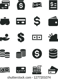 Solid Black Vector Icon Set - dollar vector, cards, coins, reverse side of a bank card, front the, column, denomination, article on, catch coin, wallet, purse, money, cash machine, cashbox, credit