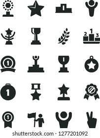 Solid Black Vector Icon Set - star vector, pedestal, winner, laurel branch, podium, award, cup, gold, reward, medal, man hold flag, first place, with pennant, ribbon, hero, hands up, victory hand
