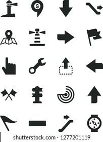 Solid Black Vector Icon Set - upward direction vector, downward, right, left, wind indicator, minus, index finger, map, flag, move up, lighthouse, coastal, repair, radar, cross flags, dollar pin