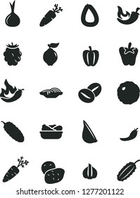 Solid Black Vector Icon Set - stick of sausage vector, slices onion, lettuce in a plate, cabbage, cucumber, chili, peper, garlic, carrot, coffee beans, quince, blackberry, Bell pepper, red, hot