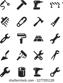 Solid Black Vector Icon Set - paint roller vector, repair key, safety pin, building trowel, small tools, adjustable wrench, cordless drill, hand saw, spatula, paving slab, road fence, hammer, pipes