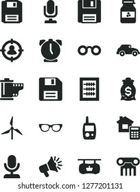 Solid Black Vector Icon Set - desktop microphone vector, floppy disk, camera roll, new abacus, toy mobile phone, estimate, alarm clock, jar of jam, windmill, retro car, antique advertising signboard