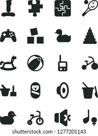 Solid Black Vector Icon Set - loudspeaker vector, rubber duck, baby duckling, bath ball, stacking toy, roly poly doll, phone, sand set, children's, rocking horse, cubes for children, child bicycle