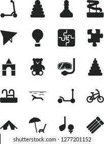 Solid Black Vector Icon Set - stacking rings vector, toy, small teddy bear, box of bricks, Kick scooter, child, Puzzle, Puzzles, pawn, air balloon, hang glider, bike, tent, beach, pool, aquapark