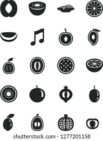 Solid Black Vector Icon Set - music vector, slices of onion, half pomegranate, medlar, mango, peach, melon, tangerine, loquat, cherry, passion fruit, kiwi, sour lime, orange, guawa, piece coconut