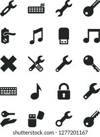 Solid Black Vector Icon Set - repair key vector, cross, small tools, door knob, lock, music, steel, keyboard, usb flash, note, arm with