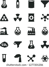 Solid Black Vector Icon Set - round flask vector, manufacture, factory, oil, barrel, industrial building, radiation, carbon dyoxide, filter, water, test tube, molecule, nuclear, biohazard