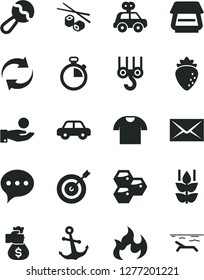 Solid Black Vector Icon Set - envelope vector, stopwatch, renewal, beanbag, motor vehicle, present, winch hook, speech, anchor, T shirt, Chinese chopsticks, mint, honeycombs, raspberry, catch a coin