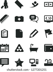 Solid Black Vector Icon Set - image of thought vector, calendar, bookmark, purse, comb, bag a paramedic, bath, star, flag, survey, pencil, computer, coding, file, nuclear, dialog, dollar, flying man