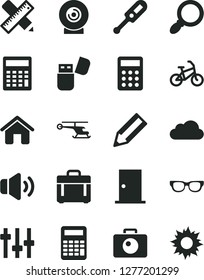 Solid Black Vector Icon Set - calculator vector, electronic thermometer e, house, ntrance door, writing accessories, camera, case, volume, lens, pencil, usb flash, magnifier, cloud, glasses, bike
