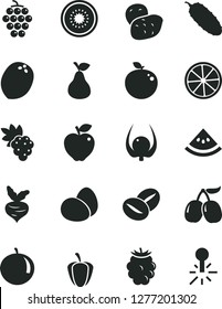 Solid Black Vector Icon Set - eggs vector, cucumber, coffee beans, pear, grape, large, red apple, blackberry, tasty cornels, tangerine, half of kiwi, delicious, slice lemon, coconut, physalis, beet