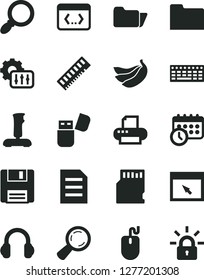 Solid Black Vector Icon Set - bananas vector, magnifier, mouse, keyboard, memory, printer, usb flash, headphones, browser, folder, floppy, coding, joystick, sd card, schedule clock, settings, file