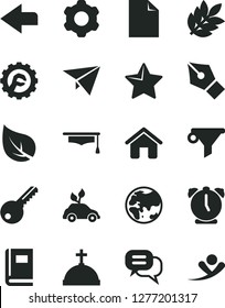 Solid Black Vector Icon Set - left direction vector, clean sheet of paper, house, cogwheel, key, star gear, alarm clock, leaf, planet, environmentally friendly transport, water filter, book, biology