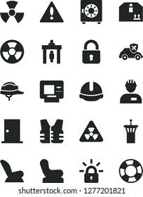 Solid Black Vector Icon Set - warning vector, Baby chair, car child seat, workman, ntrance door, construction helmet, lock, strongbox, cardboard box, radiation hazard, autopilot, encrypting, nuclear