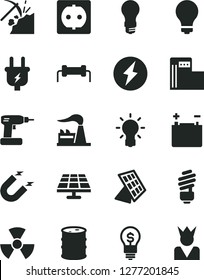 Solid Black Vector Icon Set - matte light bulb vector, cordless drill, saving, solar panel, coal mining, modern gas station, factory, barrel, accumulator, plug, power socket, magnet, nuclear, sun