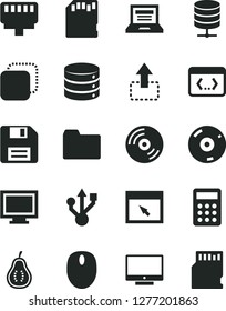 Solid Black Vector Icon Set - floppy disk vector, laptop, monitor window, folder, CD, screen, big data, server, copy, move up, part of guava, calculator, mouse, usb, browser, coding, lan connector